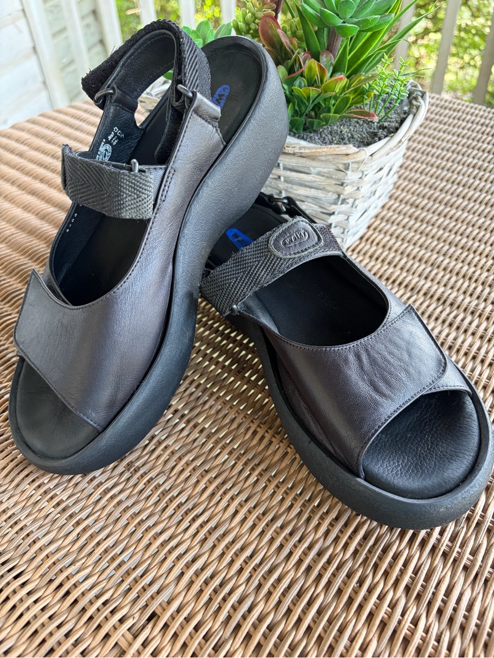 Wolky Black Leather Mary-Jane Platform Sandals